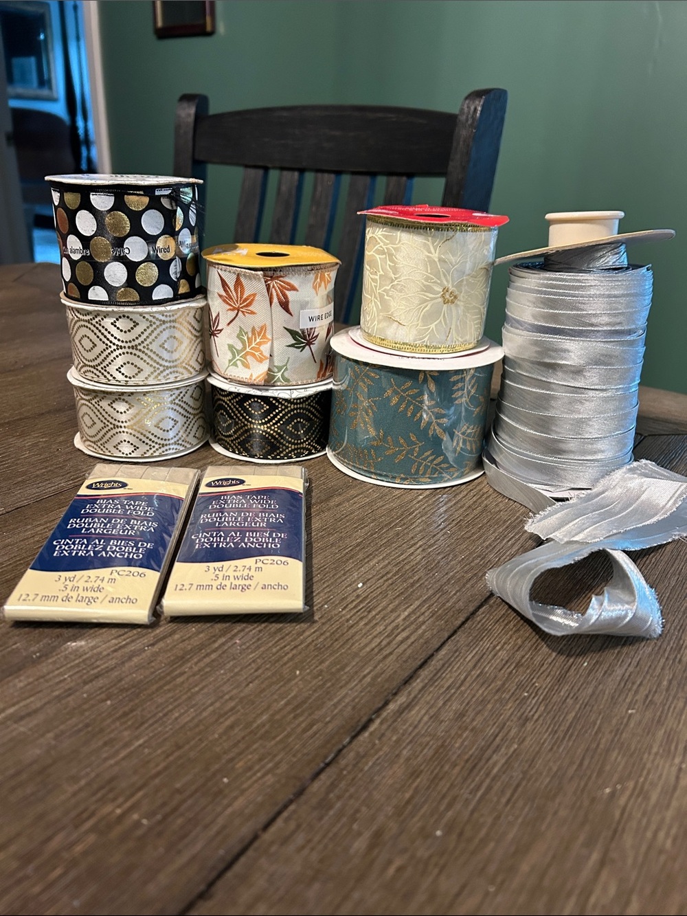 7 new ribbon rolls plus large roll open silver bias tape 2 sealed bias tape